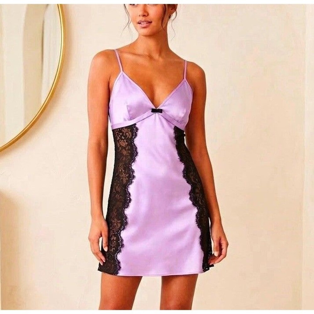 Victoria's Secret Lilac Satin Black Lace Slip Dress Coquette Slip Dress Size M